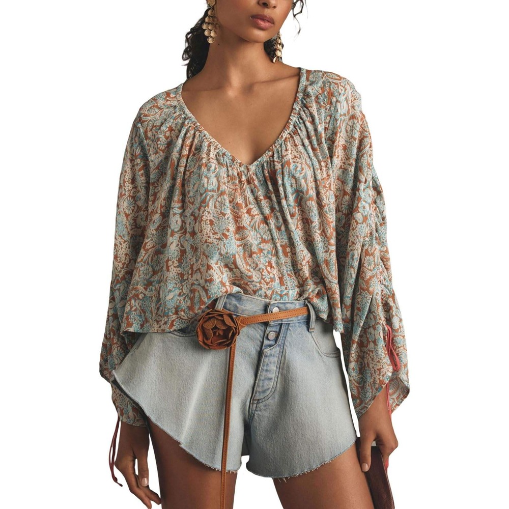 Anthropologie Floral Paisley Bell Sleeve Blouse Rust Blue Cotton Western Boho M